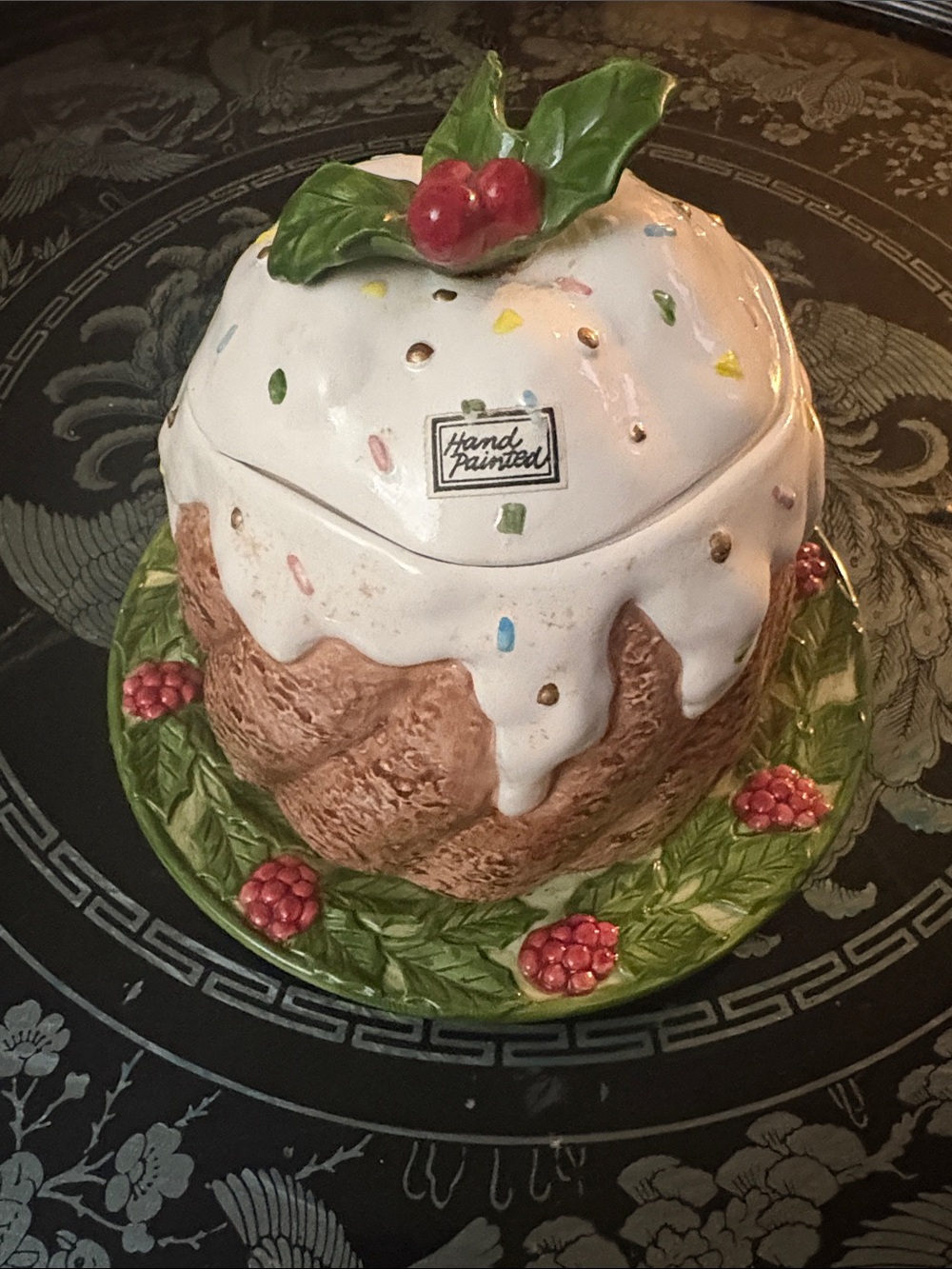RARE 1993 Fritz Floyd Hand Painted Ceramic Holiday Pudding Cookie Jar -